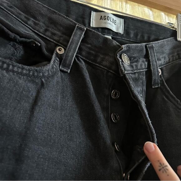 Agolde Lana Mid Rise Vintage Straight Black Distressed Knees Button Fly Size 27 - Picture 5 of 7